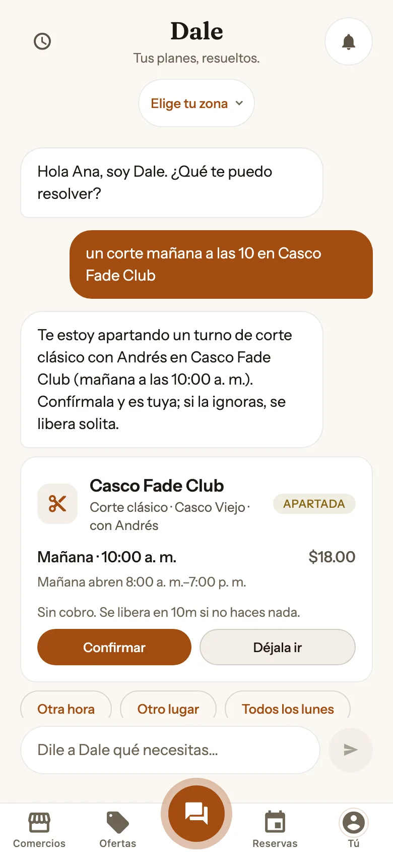Chat de Dale: un cliente pide un corte para mañana y Dale le aparta un turno