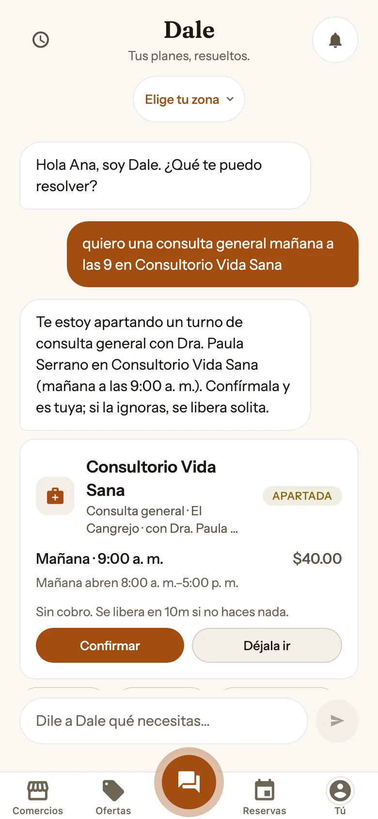 Chat de Dale: un paciente pide una consulta y Dale le propone una hora real