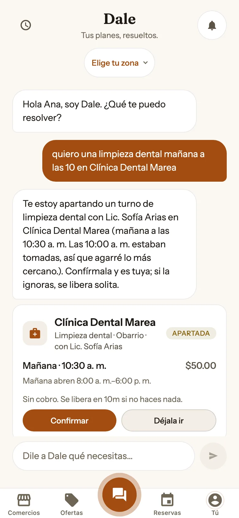 Chat de Dale: un paciente pide una limpieza dental y Dale le aparta un turno con la higienista