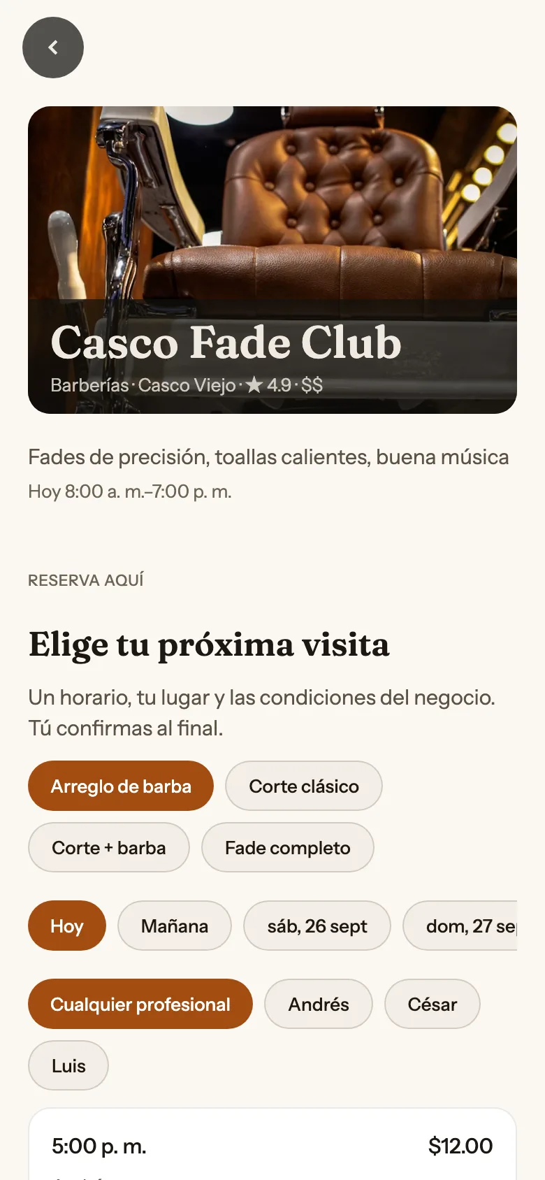 Ficha de tu barbería en la app de Dale, con sus servicios para reservar