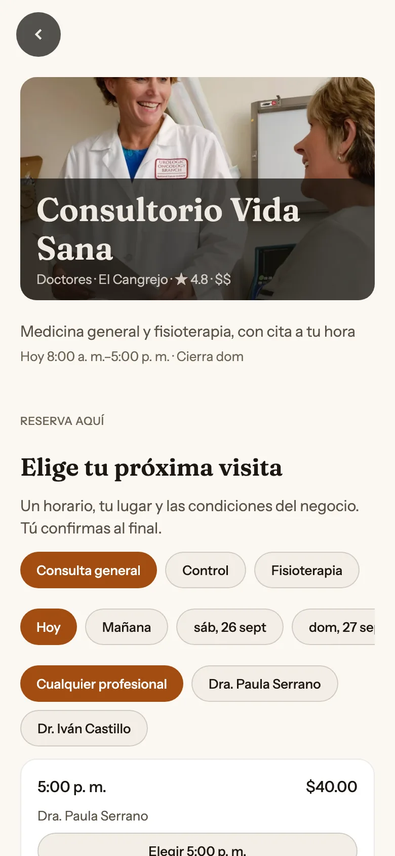 Ficha de tu consultorio en la app de Dale, con sus servicios para reservar