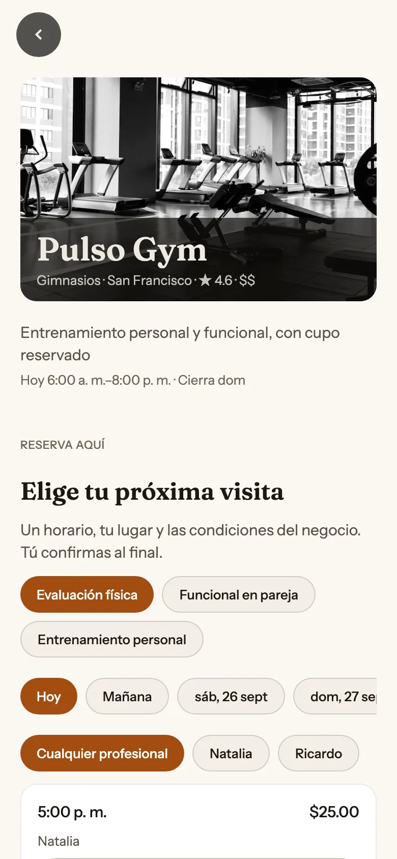 Ficha de Pulso Gym en la app de Dale, con sus sesiones para reservar