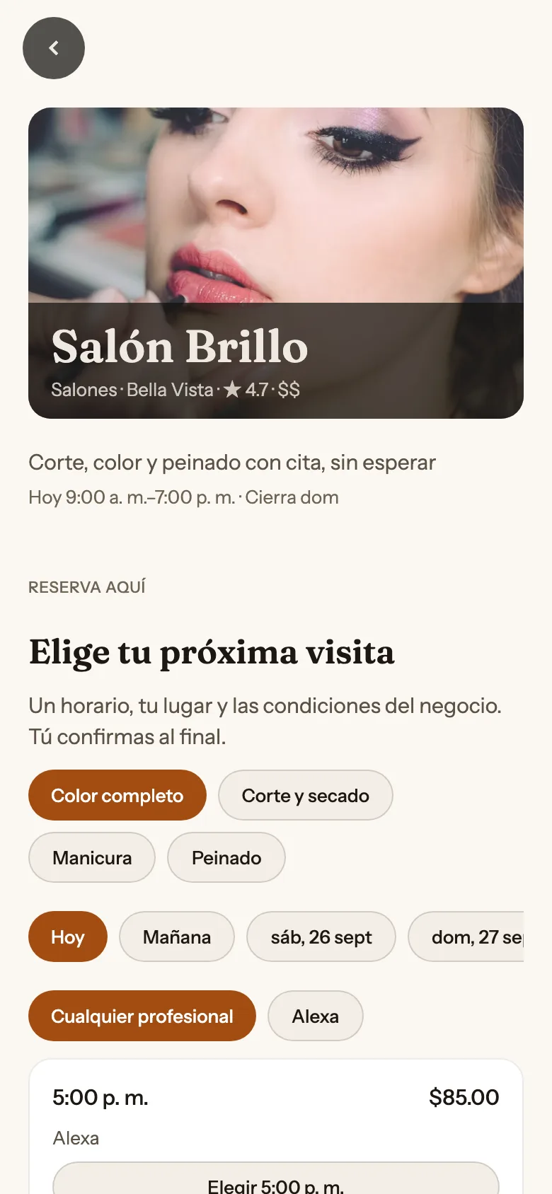 Ficha de Salón Brillo en la app de Dale, con sus servicios para reservar