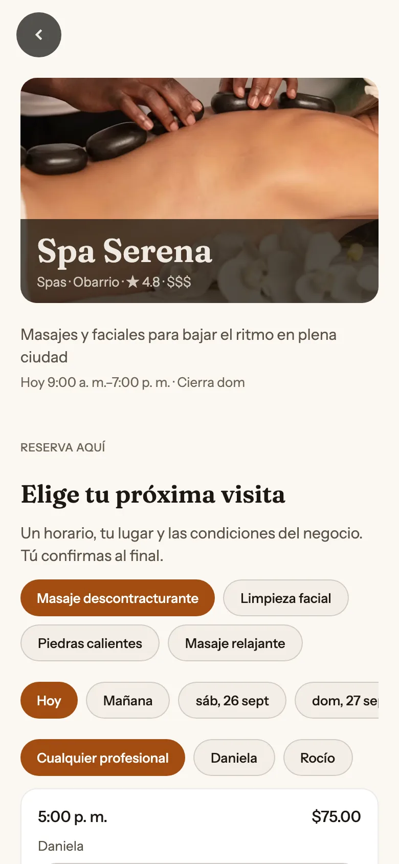 Ficha de tu spa en la app de Dale, con sus servicios para reservar