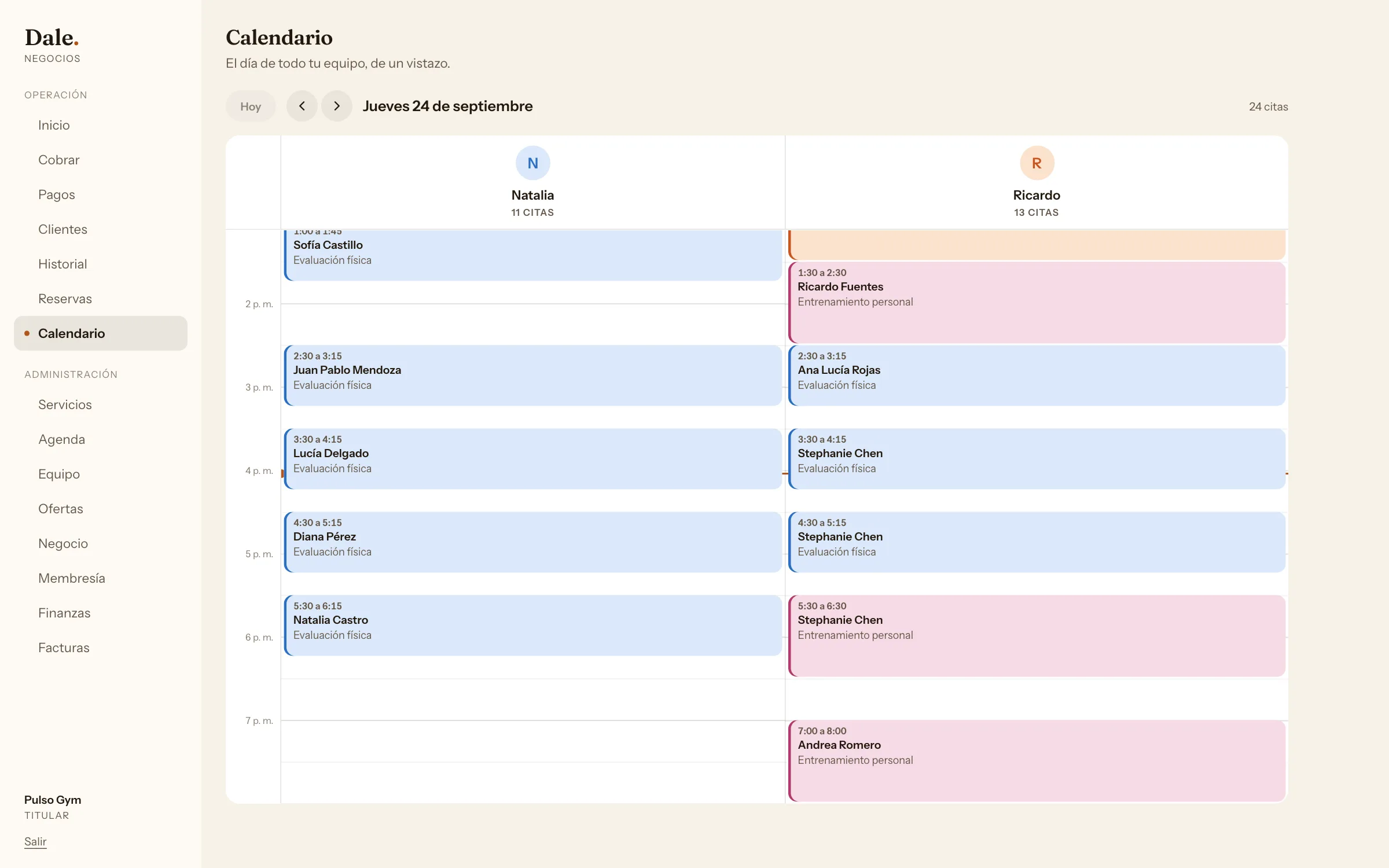 Calendario de un gimnasio en Dale: una columna por entrenador con las sesiones del día