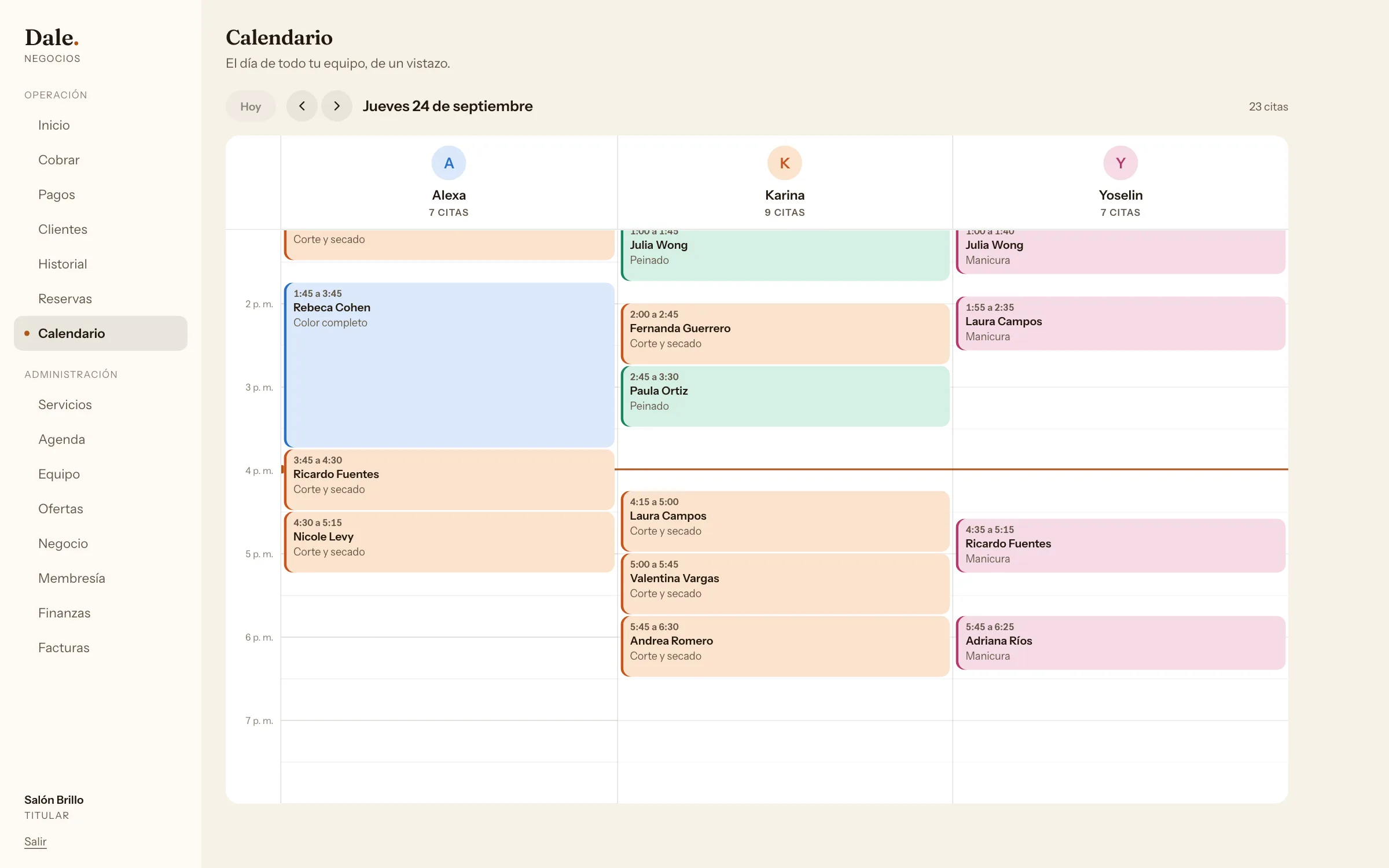 Calendario de Dale en un salón: una columna por estilista con las citas del día