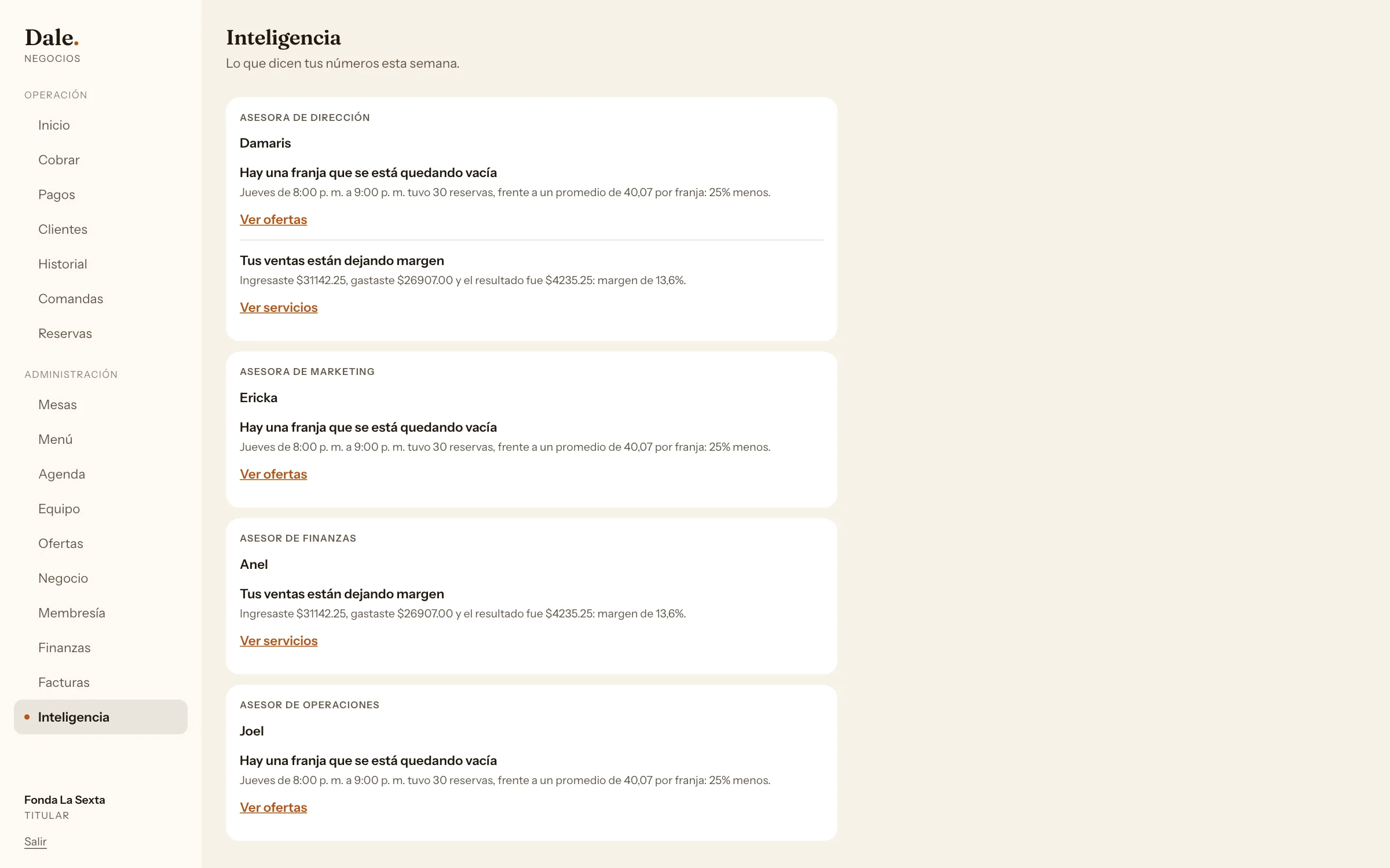 Inteligencia de Dale en tu restaurante: la lectura semanal de cuatro asesores